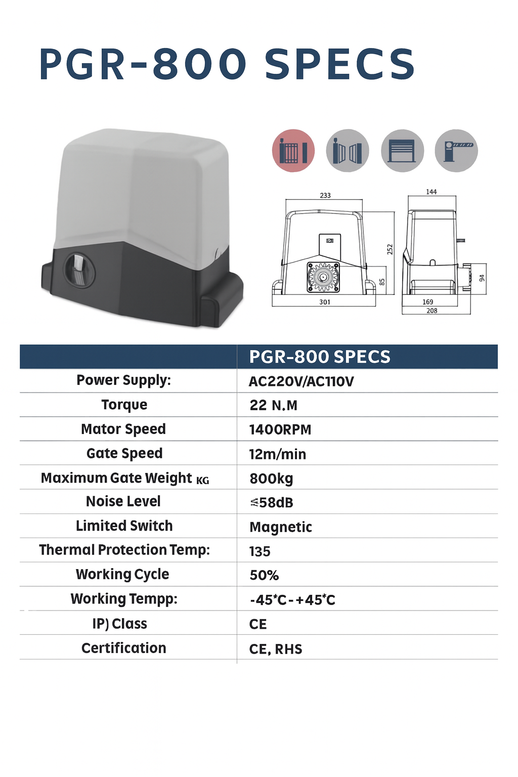 Sliding Gate Motor PGR-800 Includes Remotes And Keypad