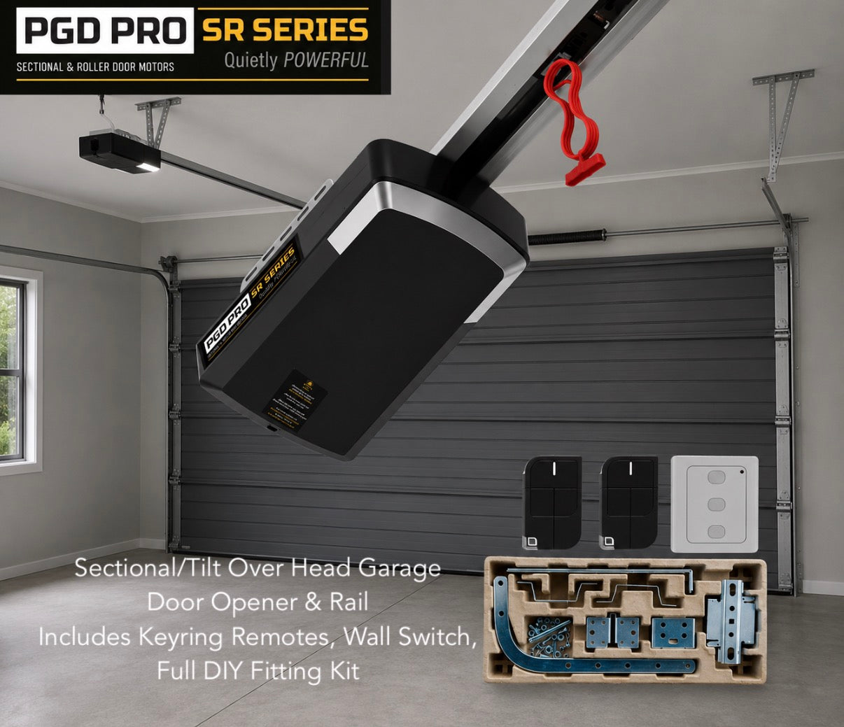 Garage Door Motor & Rail- Tilt Or Sectional Panel Up To 2.4M High. Fobs, Wall Switch, DIY Fitting Kit.