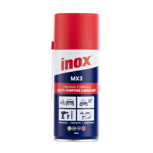 A can of Inox MX3 multi-purpose lubricant spray, featuring a red cap, white middle band with red 'inox' logo, and a dark blue lower section with product icons, on a plain white background.