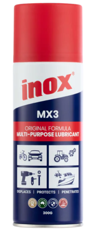 A can of Inox MX3 multi-purpose lubricant spray, featuring a red cap, white middle section with red and blue 'inox' branding, and a dark blue bottom section with product icons, set against a plain white background.