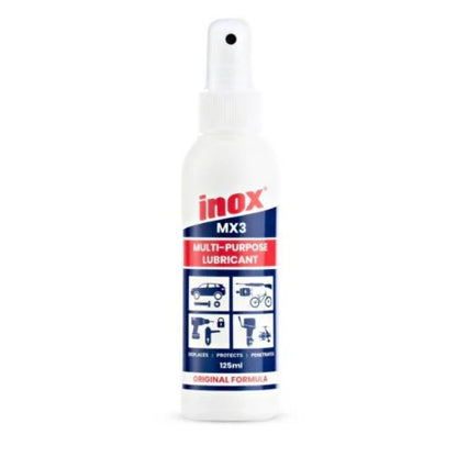 A white spray bottle of inox MX3 Multi-Purpose Lubricant with a blue and red label, shown on a plain white background.